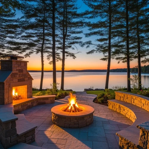 Custom Stone Fire Pits & Outdoor Fireplaces in Muskoka 2 Muskoka Landscapes and Design Custom Fire pit with Seating and Wood Oven