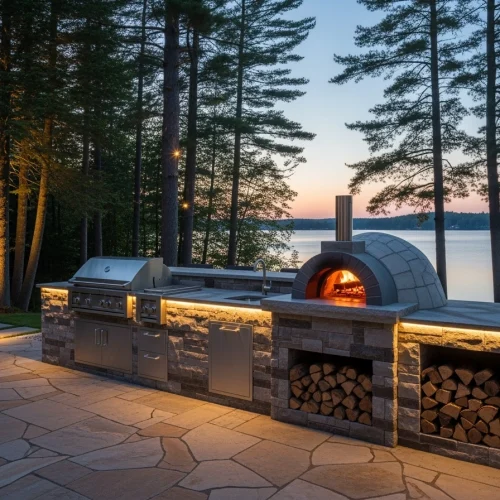 Muskoka Landscapes and Design Pizza oven with Built in Cabinets BBQ, Countertop, Lights
